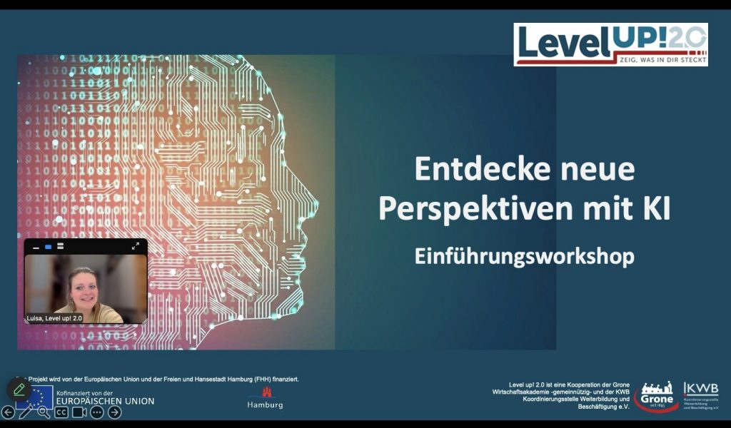 Das Bild zeigt die Level up! 2.0 Präsentation für den Online-Workshop zum Thema KI.